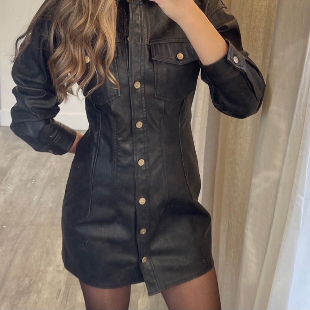 NWOT ZARA Dark Brown Faux Leather Gold Button Mini Dress Size Medium - Picture 9 of 9